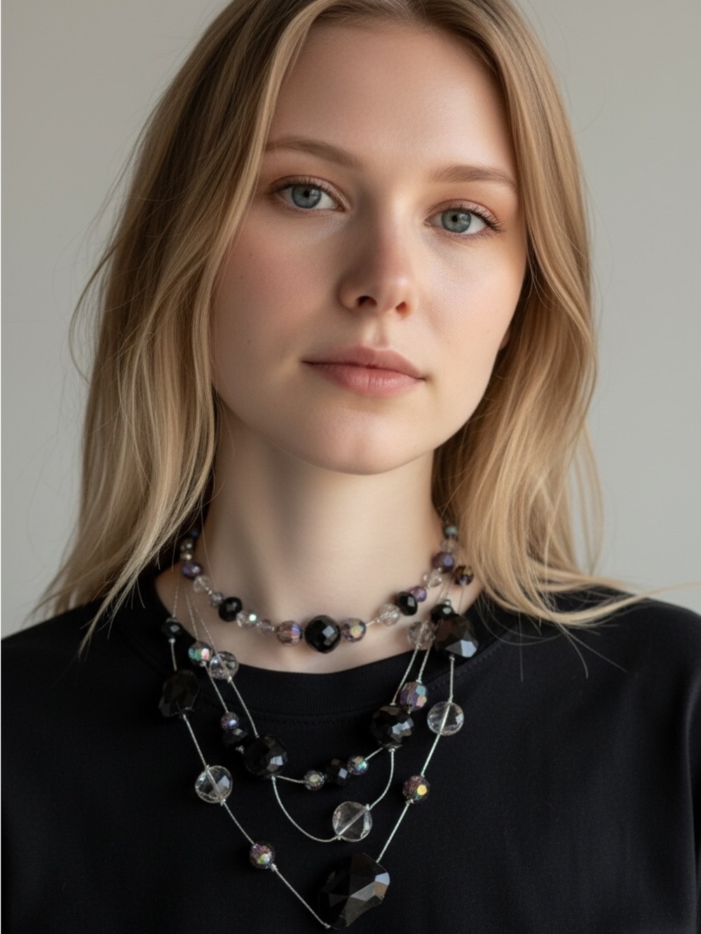 10/16 Multi-Strand Black and Iridescent Beaded Necklace